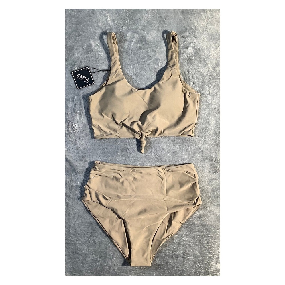 Zaful Tan High Waisted Bikini Set Front Tie Ruched 2 Piece Swimsuit Size S NWT